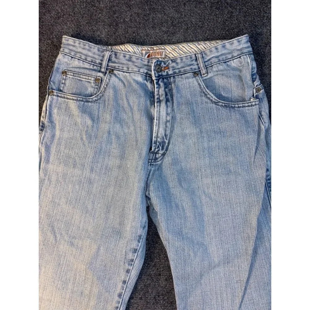 Road Jeans Men Size 33x34 Blue Denim Pockets Flat Front Regular Fit Straight Leg